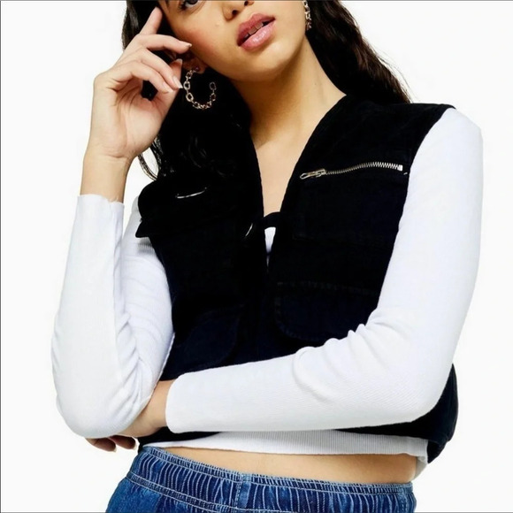 TopShop Short Fisherman Vest Black Gilet Cropped 4 - Picture 3 of 7